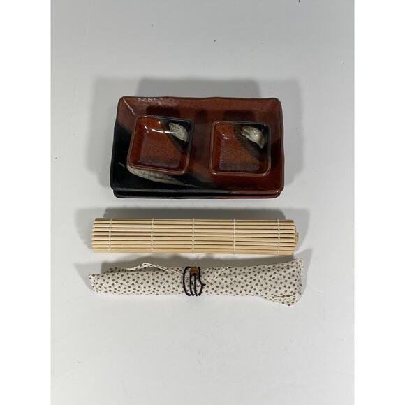 Vintage 12 Pc Hand Painted Japanese Sushi Set Plates Chopsticks Mat Stoneware - Picture 8 of 8